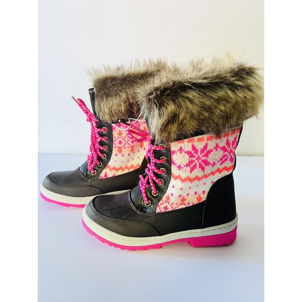 NWT JUSTICE GIRLS BROWN PINK‎ SWEATER KNIT SNOW BOOTS WINTER FAUX FUR GIRLS 5 5M